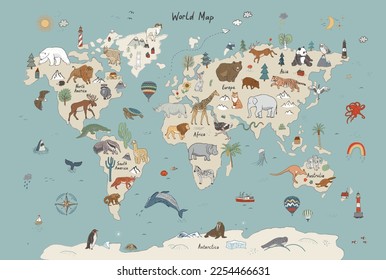 Animals world map vector illustration poster.