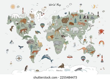 Animals world map vector illustration poster.