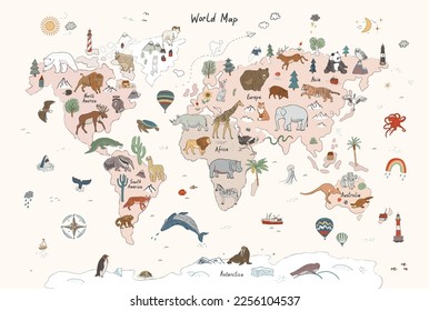 Animals world map vector illustration poster.