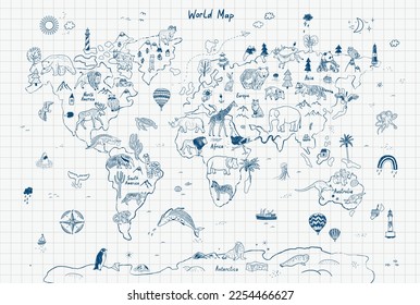 Animals world map vector line illustration poster.