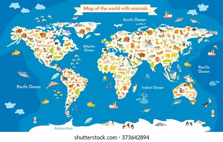 Mapa mundial de animales/Aves, animales, mundo subacuático/Hermosa ilustración coloreada vectorial con la descripción detallada de los océanos y continentes/Mamíferos del mundo en el mapa para niños, niños