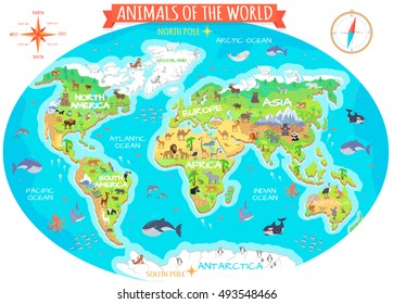 Animals of the world vector. Flat style animals. World globe with map of continents and different animals in their habitats. Northern, african, american, european, asian fauna animals. Book design  