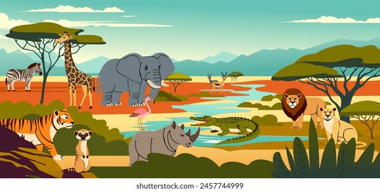 Animals zoo. African savanna landscape. Wild nature park. Jungle bird. Cartoon elephant and tiger. Savannah biodiversity. Tropical flamingo. River crocodile. Zebra and giraffe. Vector safari scenery