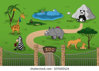 Animals of zoo in cartoon style. Scene with funny characters. Wildlife poster. Vector illustration