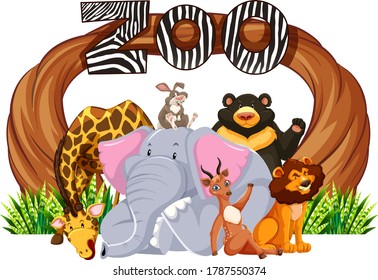 Animals With Zoo Entrance Sign Illustration