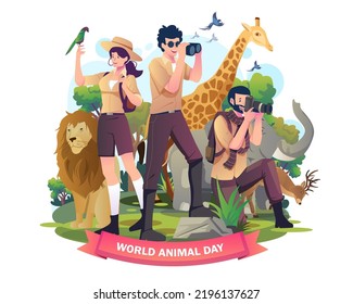 Animals Zoo keepers with the wild animals in the jungle zoo. World Animal Day, Wildlife Day concept design. Vector illustration in flat style