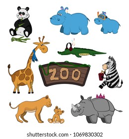 Animals of zoo. Set of funny images in cartoon style. Isolated cute character. Vector illustration