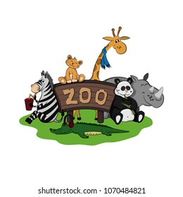 Animals of zoo. Set of funny images in cartoon style. Isolated cute character. Vector illustration
