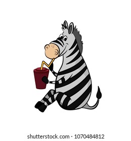 Animals of zoo. Zebra drinking from cup in cartoon style. Isolated cute character. Vector illustration