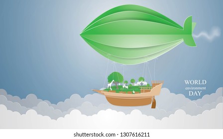 Animals,Wildlife on Barque Float Tied Green balloon on the sky background,paper craft style vector and illustration