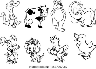 Animal-themed coloring page features a variety of creatures, including alligator, bear, bird, cat, cow, dog, duck, and elephant. Perfect for kids to explore their creativity