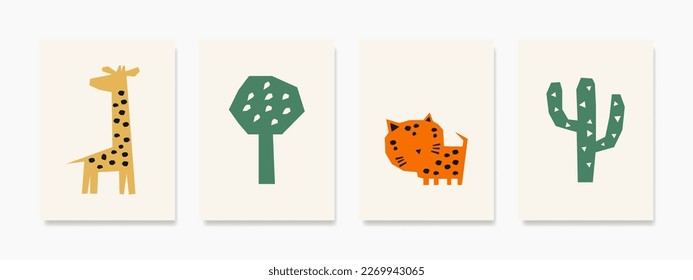 Animal-themed wall art, featuring charming creatures such as giraffes and cheetahs. This set of cute cards, posters, and greeting cards featuring animals is perfect for decorating kids rooms