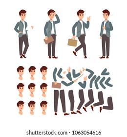 Animate Businessman character set. Animate character. Male personage constructor. Different man postures. Vector set personage.