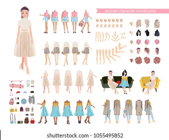 Animate character. Young lady persona constructor. Different woman side andpostures, hairstyle, face, legs, hands, clothes, accessories collection. Vector cartoon girl personage. 