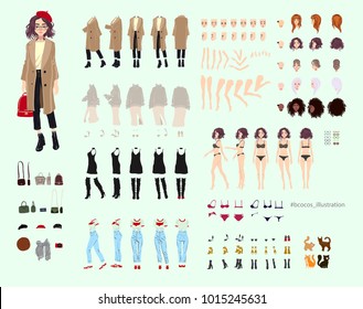 Animate character. Young lady personage constructor. Different woman postures, hairstyle, face, legs, hands, clothes, accessories collection. Vector cartoon person. 