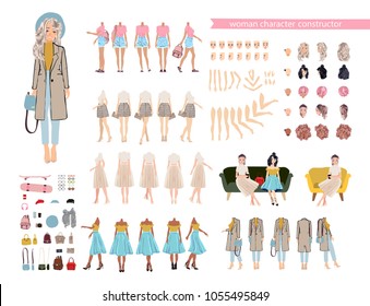 Animate character. Young lady personage constructor. Different woman postures, hairstyle, face, legs, hands, clothes, accessories collection. Vector cartoon person. 