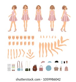 Animate character. Young lady personage constructor. Different woman postures, hairstyle, face, legs, hands, clothes, accessories collection. Vector cartoon person. Girl in soft pink little dress.