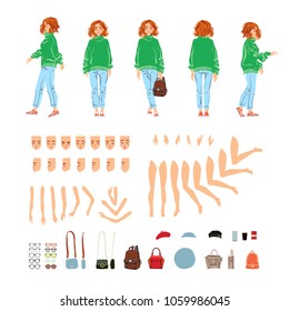 Animate character. Young lady personage constructor. Different woman postures, hairstyle, face, legs, hands, clothes, accessories collection. Vector cartoon person. Girl with red hair in green hoody.