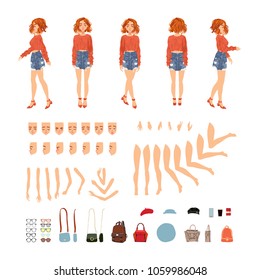 Animate character. Young lady personage constructor. Different woman postures, hairstyle, face, legs, hands, clothes, accessories. Vector cartoon person. Girl in red sweater and jeans mini skirt.