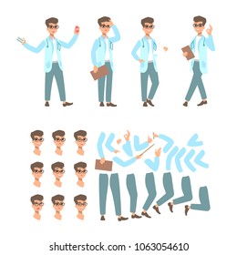 Animate Cheerful doctor. Funny character design set. Cartoon illustration. Healthcare concept creator. Male medic personage.