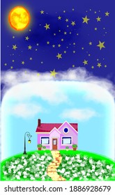 animate house with beautiful blue sky above it and shine with the sun and the stars as vector and illustration art