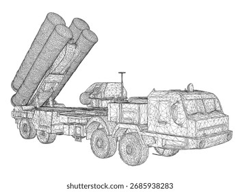 Animated 3D wireframe model of a military missile launcher truck in motion. The vehicle features a large missile on its back and is set against a clean white background.