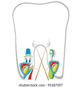 Animated abstract toothbrush and tube of toothpaste stand on the protection of the health of your teeth.