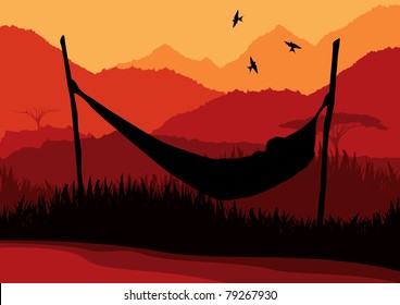 Animierter Afrikaner, der auf einer Hängematte in wilder Naturlandschaft liegt.