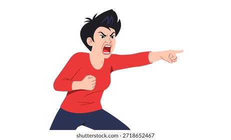 Animada mujer enojada señala hacia adelante con una expresión de gritos