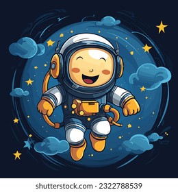 An animated astronaut floating weightlessly in space and beaming broadly