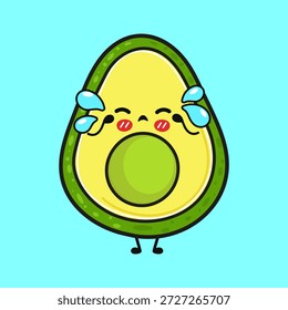 Animierte Avocado-Figur, die mit Tränen auf den Wangen weint und Gefühle von Traurigkeit und Stress verkörpert, in einem bezaubernden Cartoon-Stil auf lebhaftem blauem Hintergrund gezeichnet