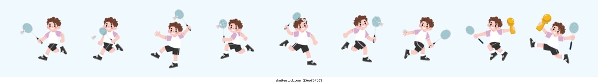 Animated Badminton Player Boy Cartoon Character in Various Action Poses Illustration