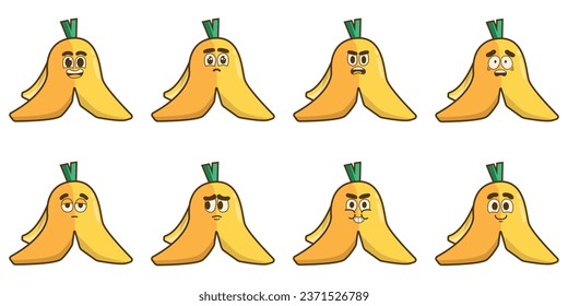 Animated banana peel with different facial expressions on a white background.