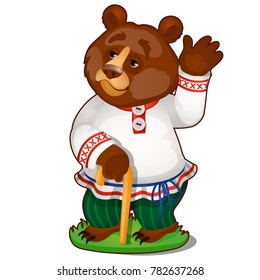 Animated bear in clothes isolated on white background. The character of Russian folk tales. Vector cartoon close-up illustration.