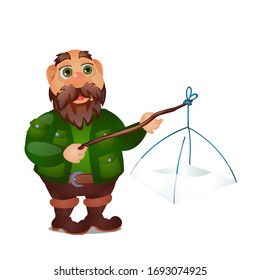 An animated bearded man holds a fish net in his hands isolated on white background. Vector cartoon close-up illustration.