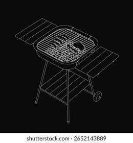 Animated black and white brazier grill with sizzling food items, creating a dynamic cooking effect on a dark background. The detailed illustration captures realistic movement and texture.