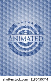 Animated blue badge with geometric background.