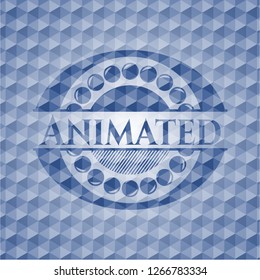 Animated blue badge with geometric pattern background.