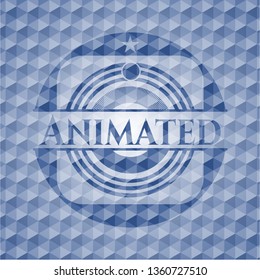 Animated blue badge with geometric pattern background.