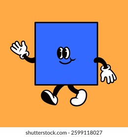Animated blue square character with a smiling face, wearing white gloves and shoes, waving against an orange background. Playful and friendly cartoon design. Cute vector illustration.