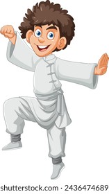 Animated boy in martial arts pose, smiling joyfully