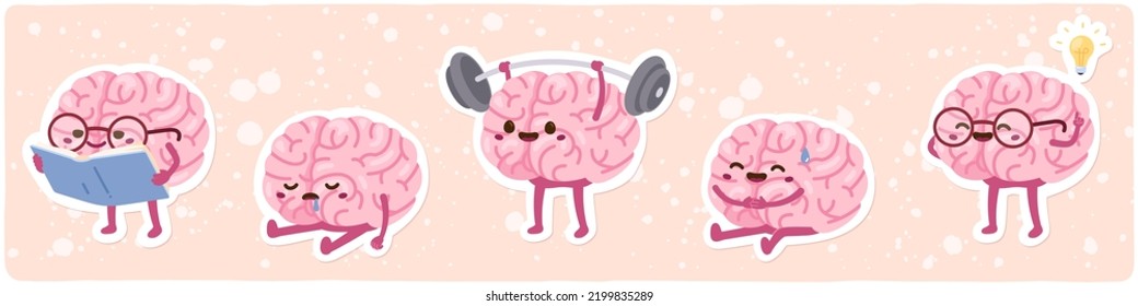 Animated brain cartoon character reading, training. Smart healthy human brain studying, getting tired, lifting weight, resting, having idea. Intellect, education concept flat vector illustration set