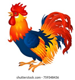 Animated brightly colored cock isolated on a white background. Beautiful rooster. Vector cartoon close-up illustration.