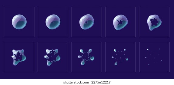 Belebte Blase platzte. Game-Sprite-Animation Sequenzblätter von Vektorcartoon-Seifenkugel oder Wasserkugel mit Regenbogenreflexion explodieren mit Schaumspritzen und Tropfen. Bubble Explosion Animation