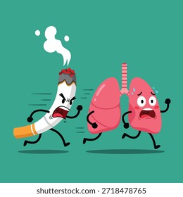 Un cigarrillo animado y en llamas con la cara enojada persigue a dos pulmones humanos asustados, simbolizando los graves riesgos para la salud de fumar.