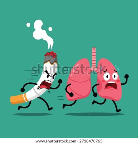An animated, burning cigarette with an angry face chases two frightened human lungs, symbolizing the severe health risks of smoking.