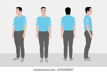 Animated businessman character design, front, side, and back views, one third views, side views and a lively cartoon style for presentations, explainer videos, 2D realistic Character and more! 