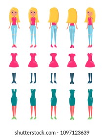 Animated cartoon character blonde girl and variants of clothes for look. Choose your apparel to dress pretty woman isolated vector illustrations.