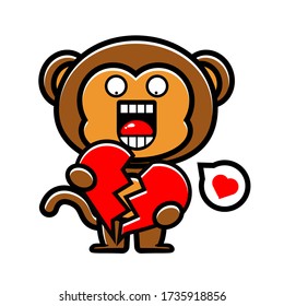 Animated Cartoon Character Cute And Adorable Brown Monkey Mascot Broken Heart And Shock Carries Torn Hearts