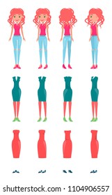 Animated cartoon character of redhead girl and stylish clothes to dress her. Choose your apparel for pretty woman isolated vector illustrations set.